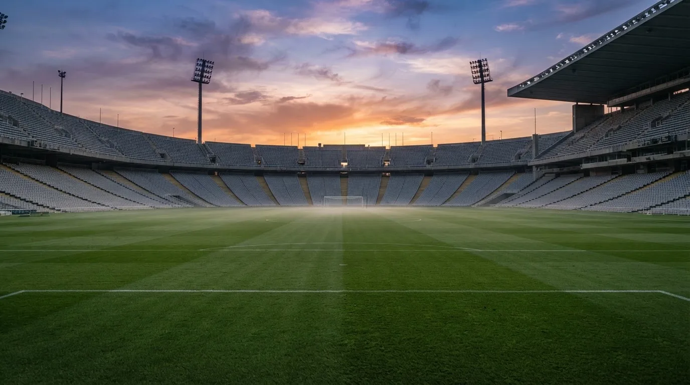 Un estadio de fútbol vacío con torres de iluminación al atardecer