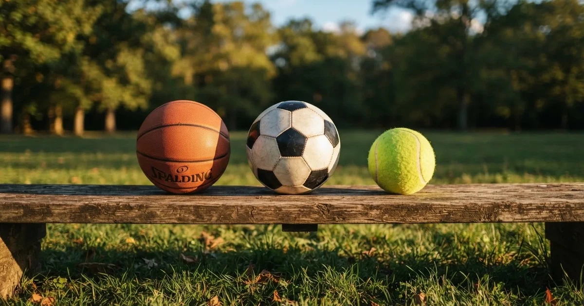 Tres balones de distintos tipos, uno junto a otro, sobre un banco de madera