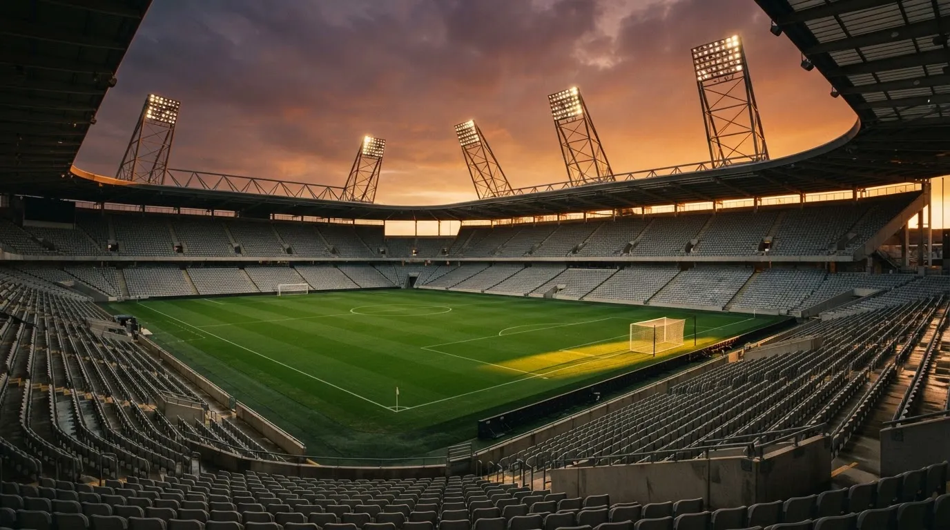 Un estadio de fútbol vacío con torres de iluminación al atardecer
