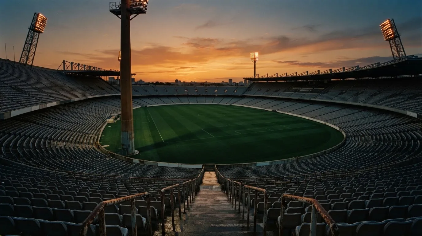 Un estadio de fútbol vacío con torres de iluminación al atardecer