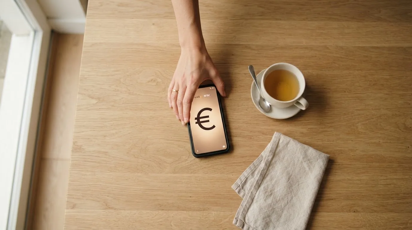 Una mano deja un móvil junto a una taza de té sobre la mesa de la cocina, una tarde tranquila
