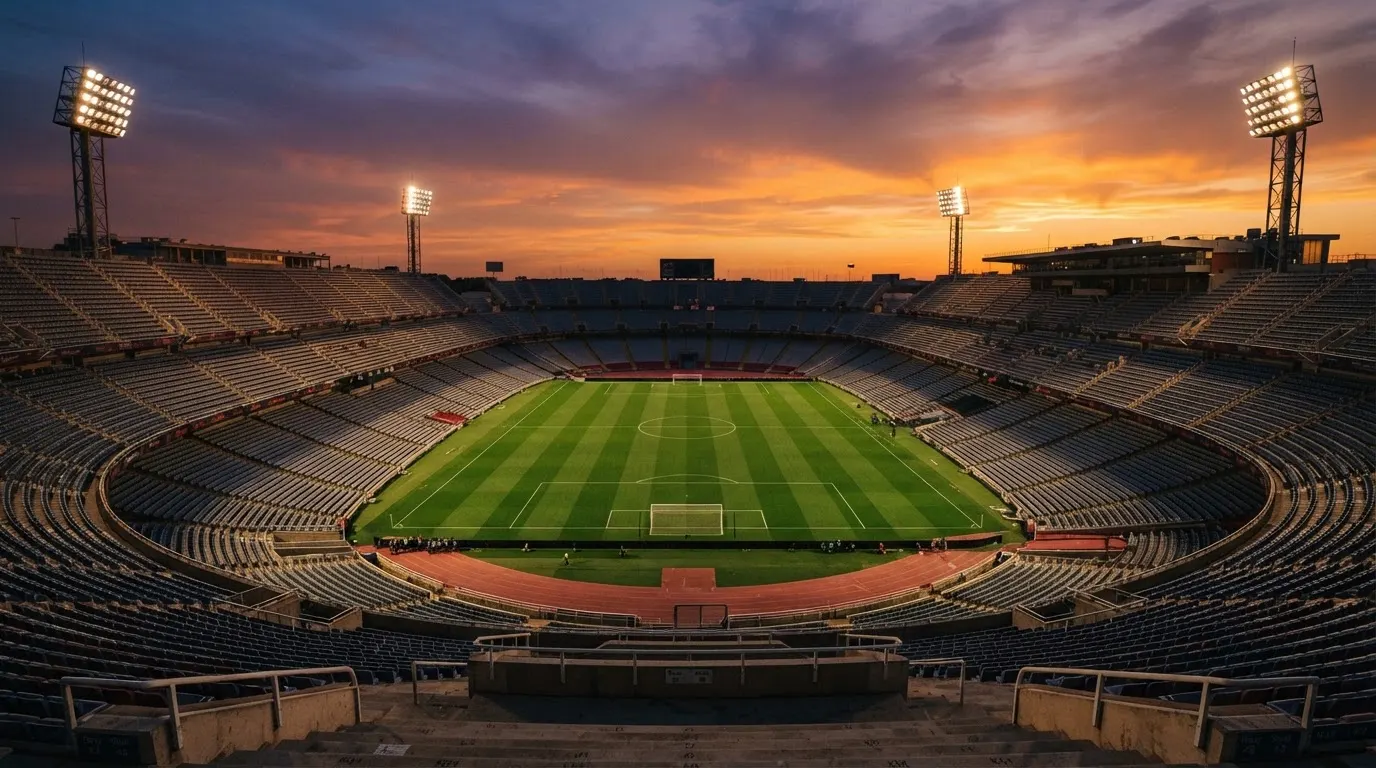 Un estadio de fútbol vacío con torres de iluminación al atardecer