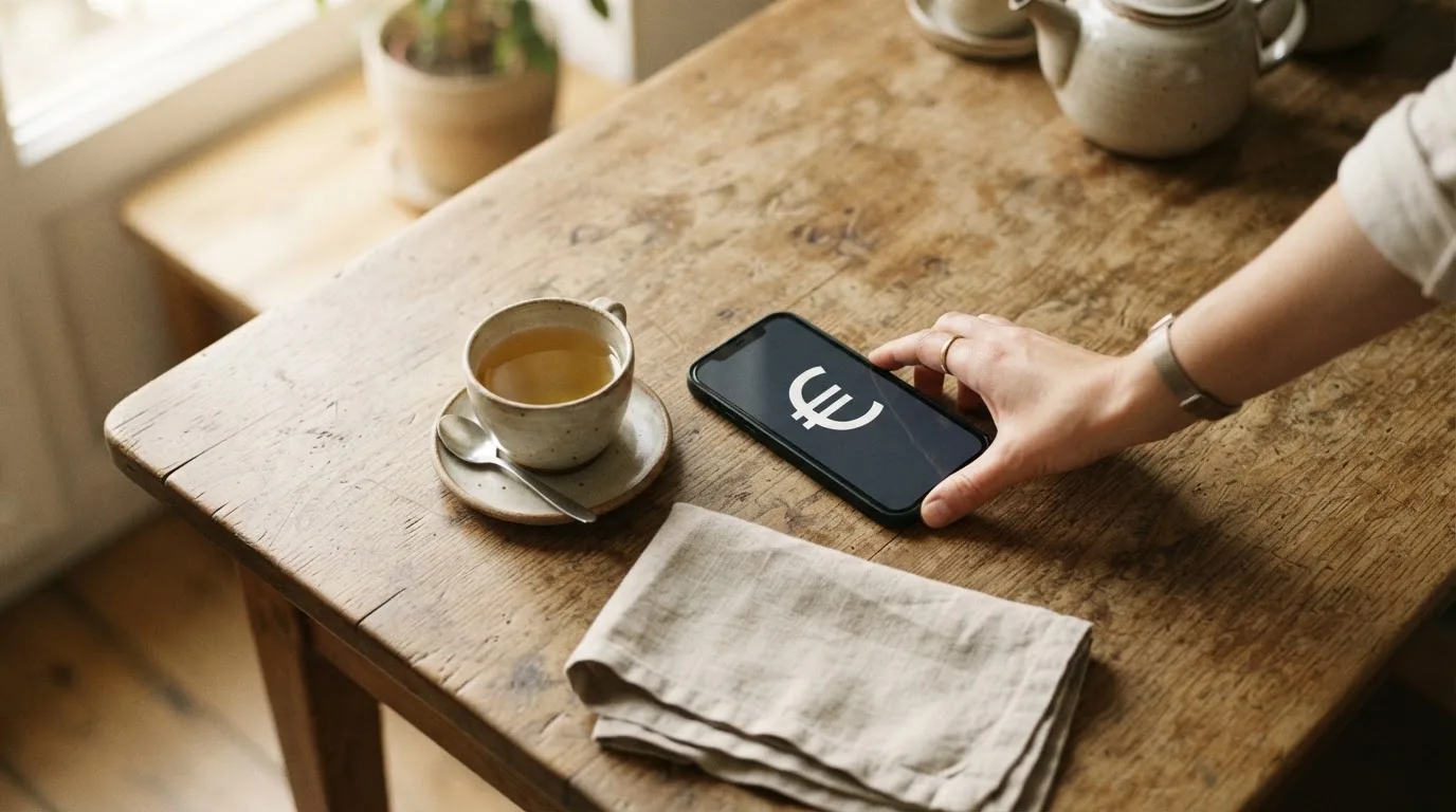 Una mano deja un móvil junto a una taza de té sobre la mesa de la cocina, una tarde tranquila
