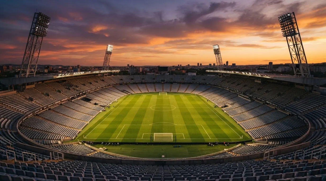 Un estadio de fútbol vacío con torres de iluminación al atardecer