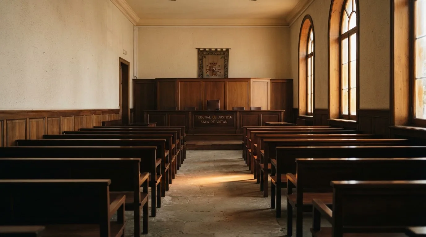 Una sala de tribunal vacía con bancos de madera a la luz de la mañana