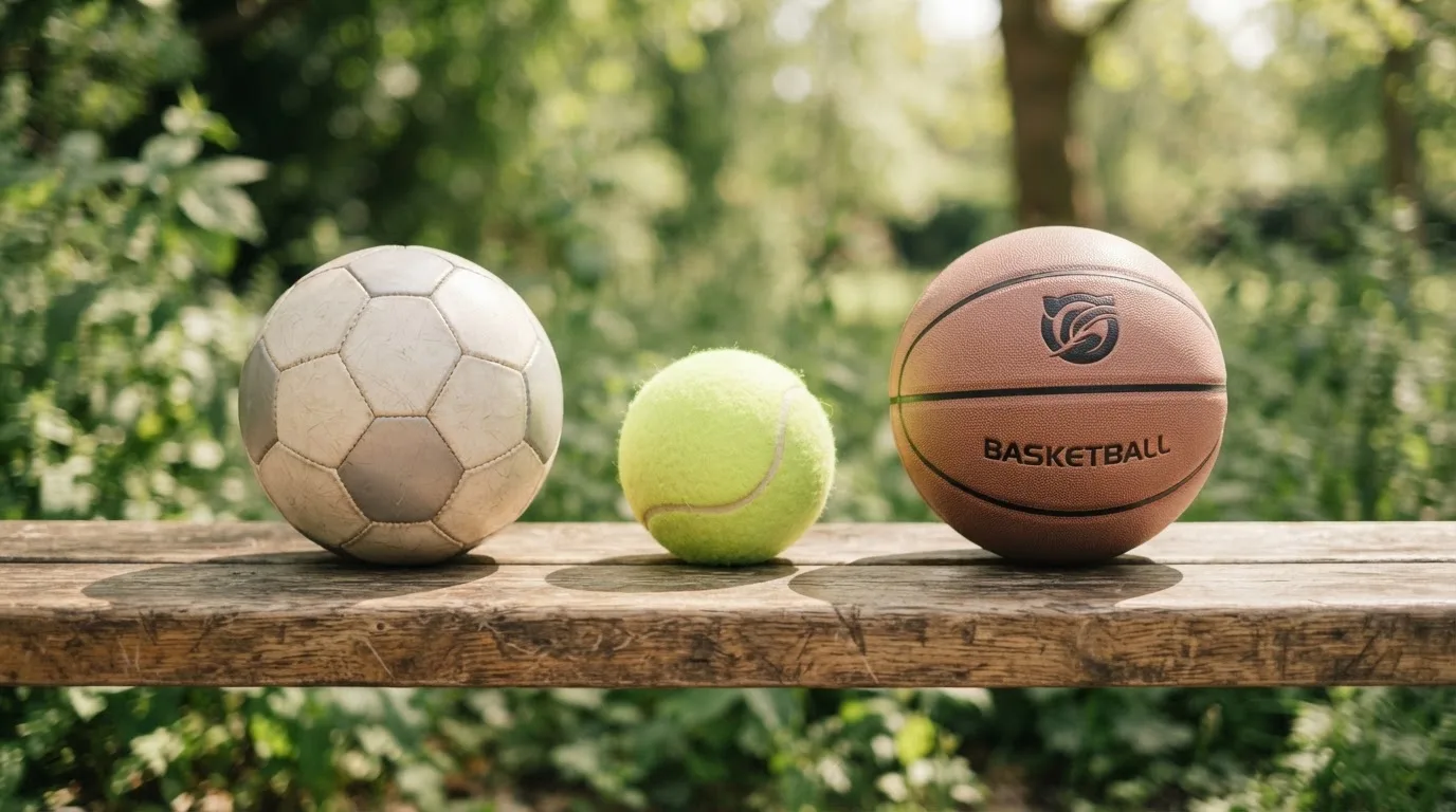 Tres balones de distintos tipos, uno junto a otro, sobre un banco de madera