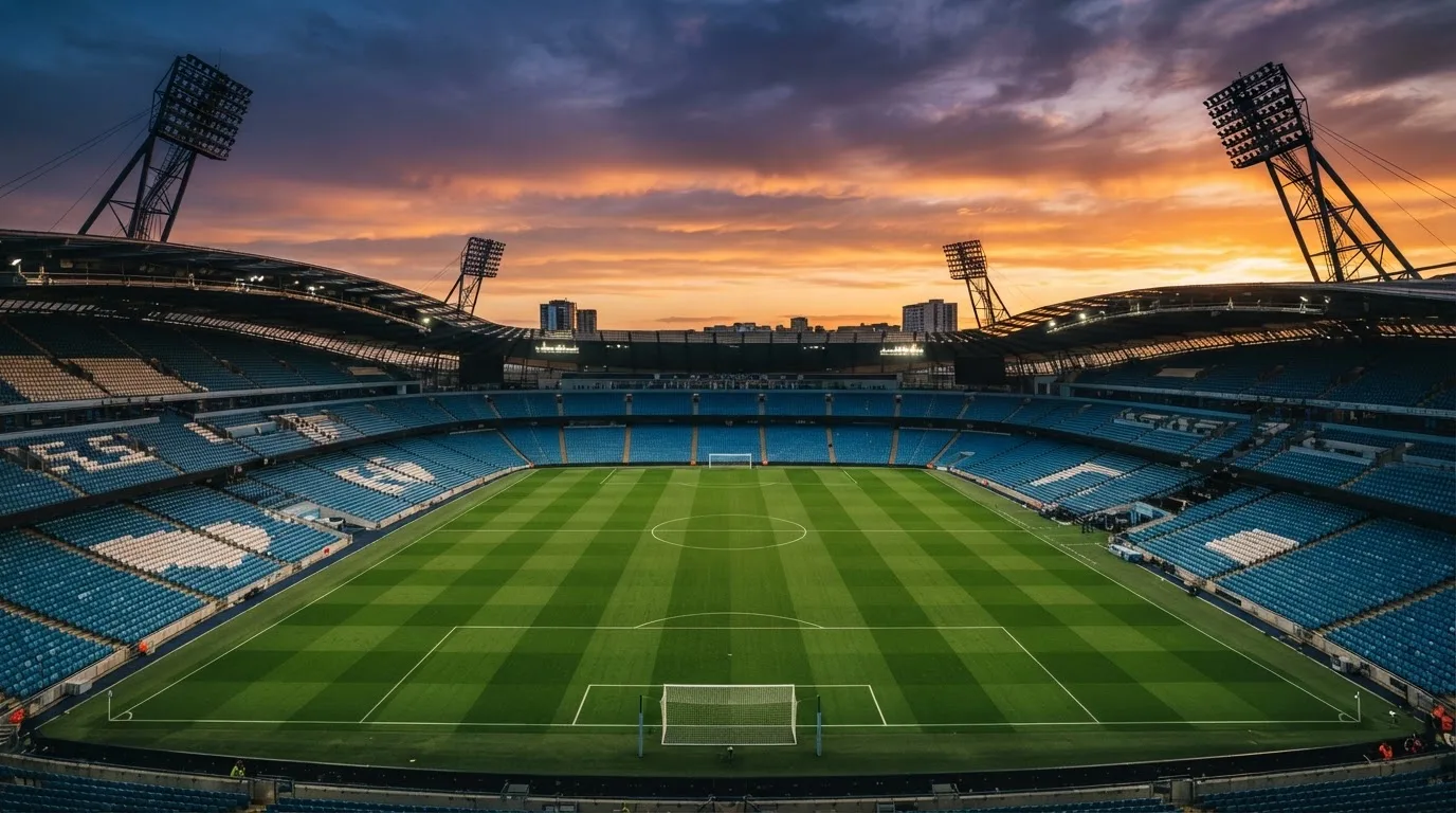 Un estadio de fútbol vacío con torres de iluminación al atardecer