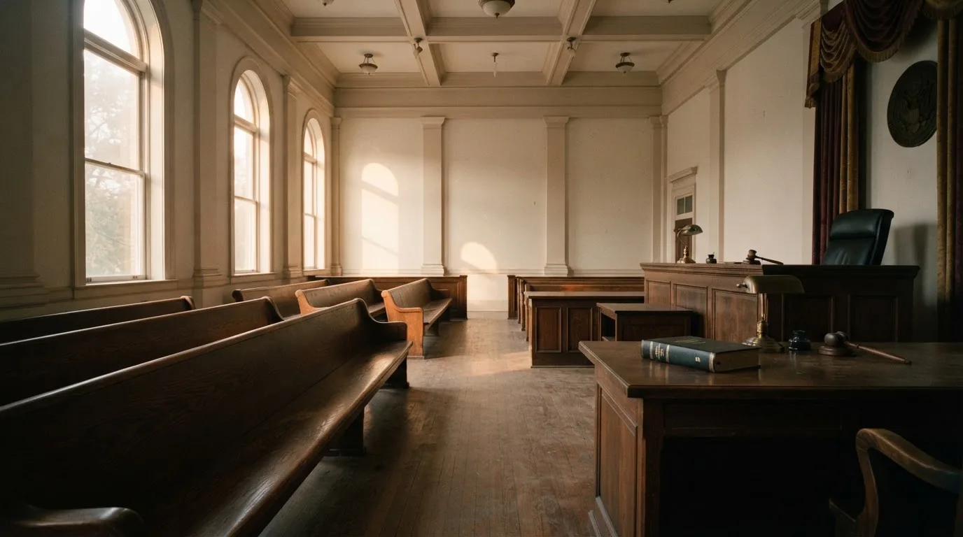 Una sala de tribunal vacía con bancos de madera a la luz de la mañana
