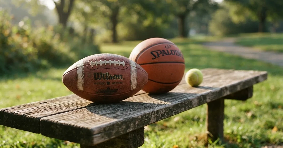 Tres balones de distintos tipos, uno junto a otro, sobre un banco de madera