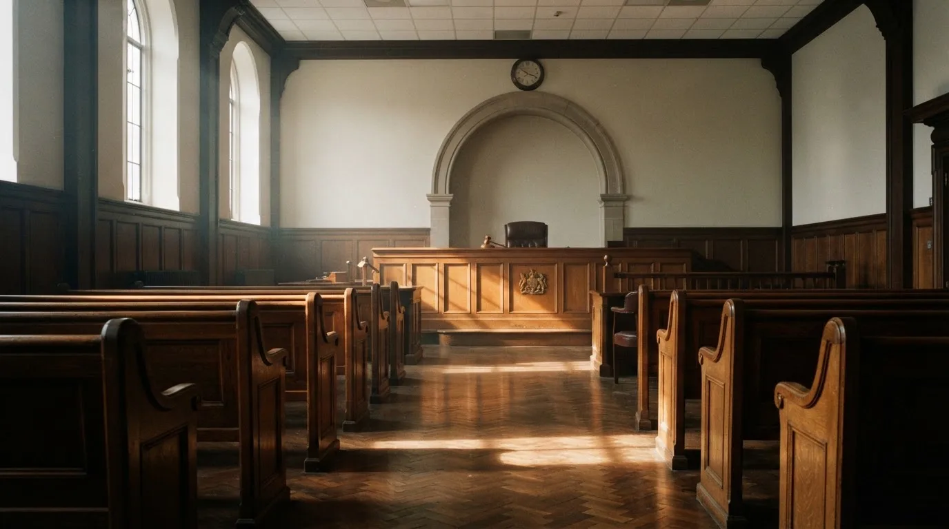 Una sala de tribunal vacía con bancos de madera a la luz de la mañana