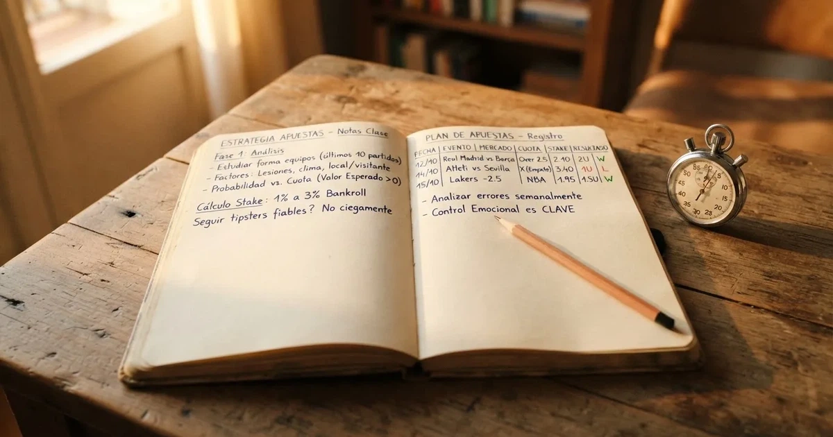 Un cuaderno abierto con un lápiz y un cronómetro sobre una mesa de madera