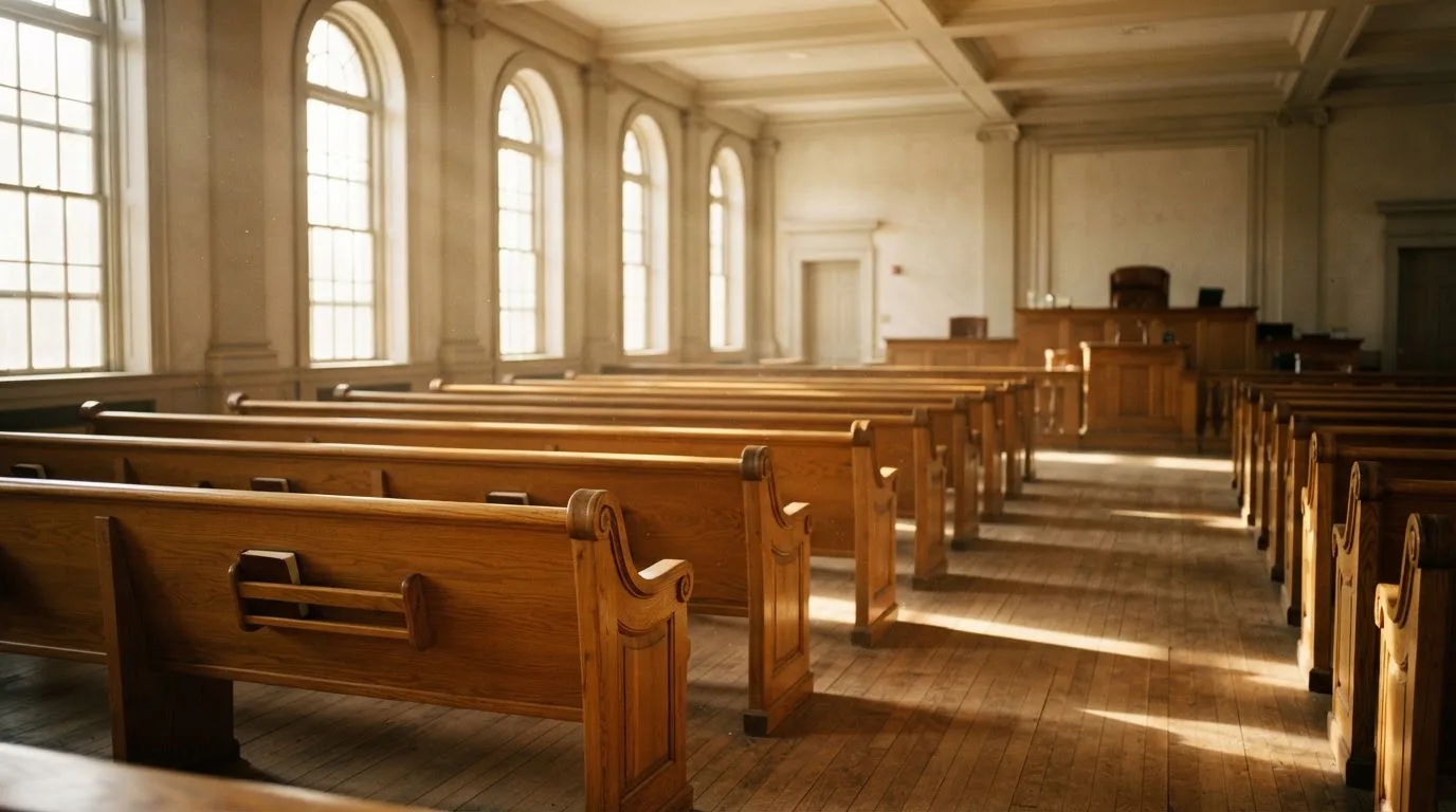 Una sala de tribunal vacía con bancos de madera a la luz de la mañana
