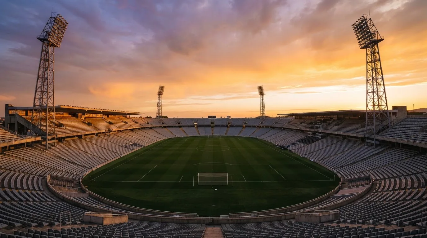 Un estadio de fútbol vacío con torres de iluminación al atardecer