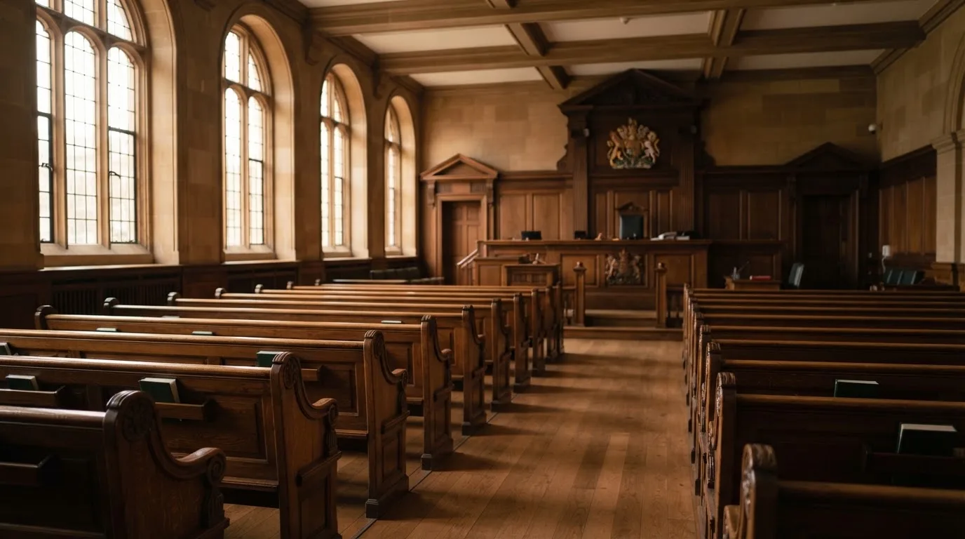 Una sala de tribunal vacía con bancos de madera a la luz de la mañana
