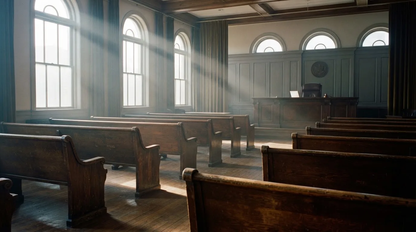 Una sala de tribunal vacía con bancos de madera a la luz de la mañana