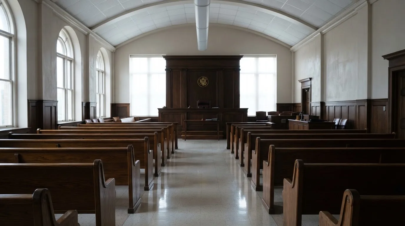 Una sala de tribunal vacía con bancos de madera a la luz de la mañana