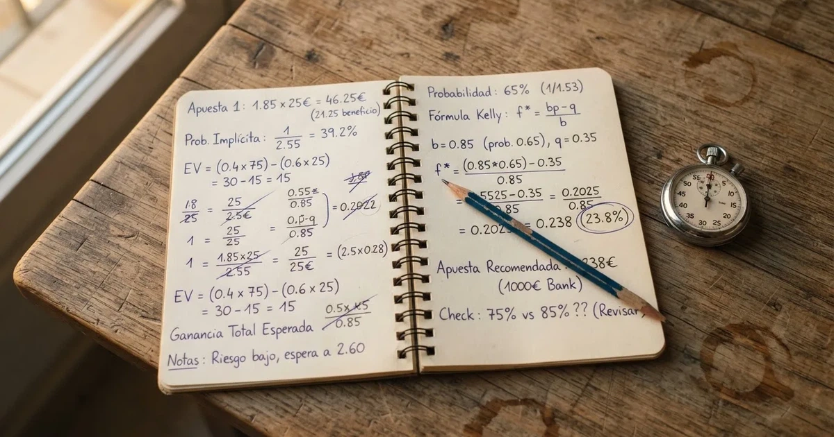 Un cuaderno abierto con un lápiz y un cronómetro sobre una mesa de madera