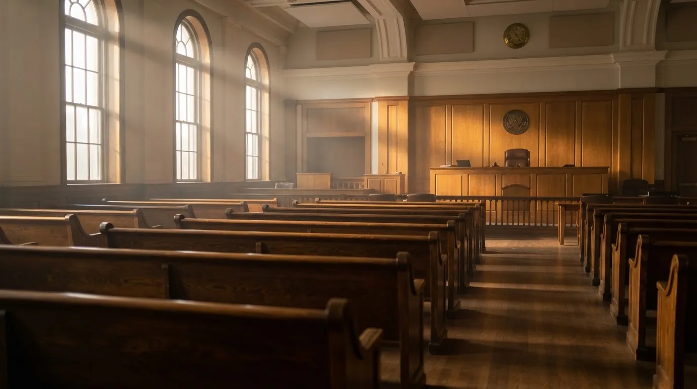Una sala de tribunal vacía con bancos de madera a la luz de la mañana