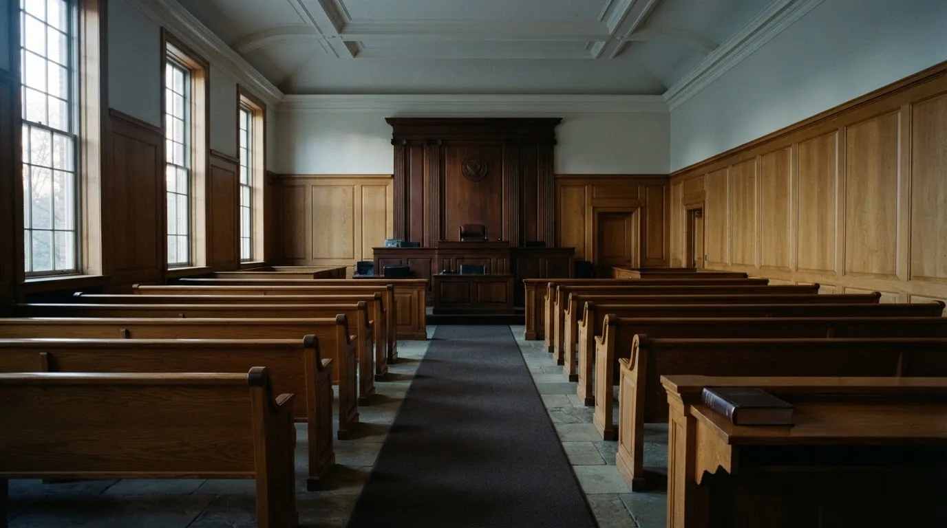 Una sala de tribunal vacía con bancos de madera a la luz de la mañana