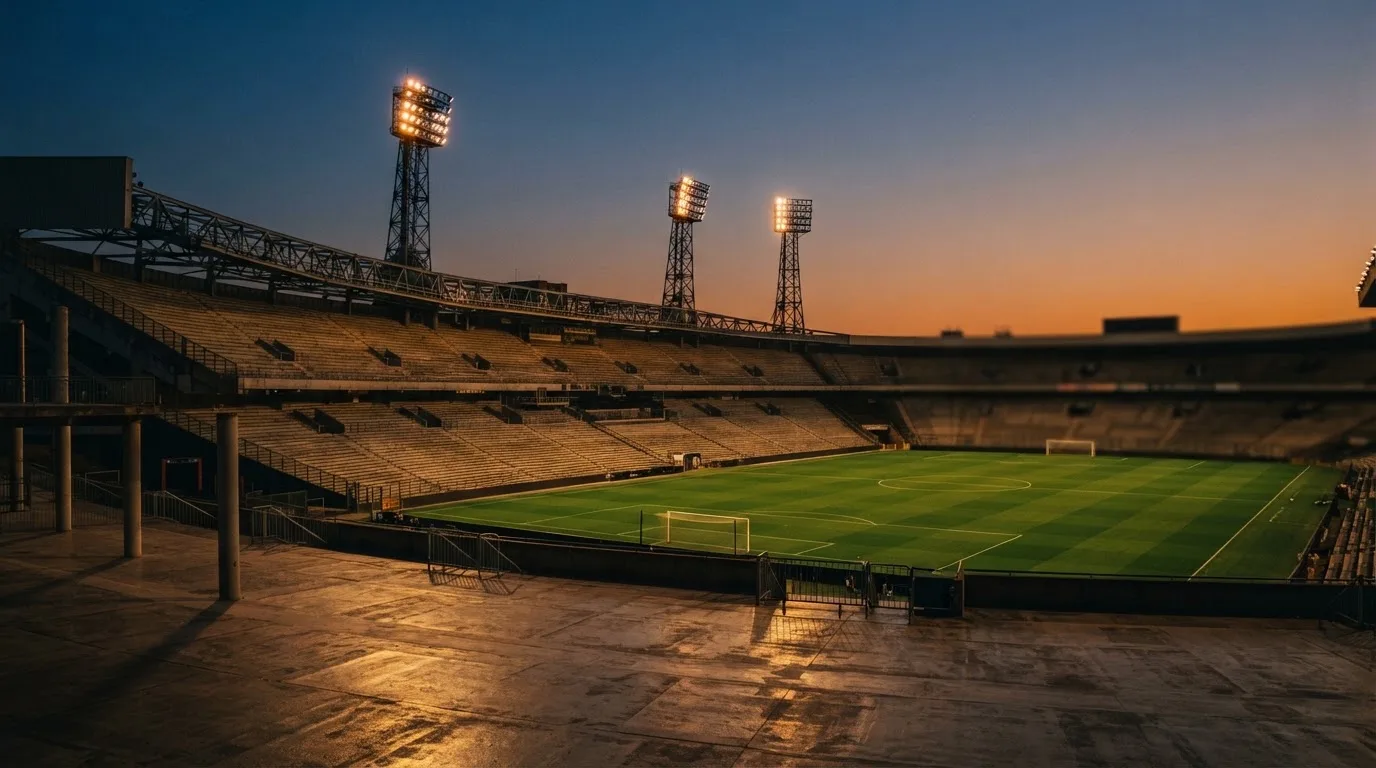 Un estadio de fútbol vacío con torres de iluminación al atardecer