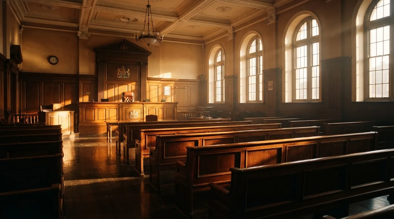 Una sala de tribunal vacía con bancos de madera a la luz de la mañana