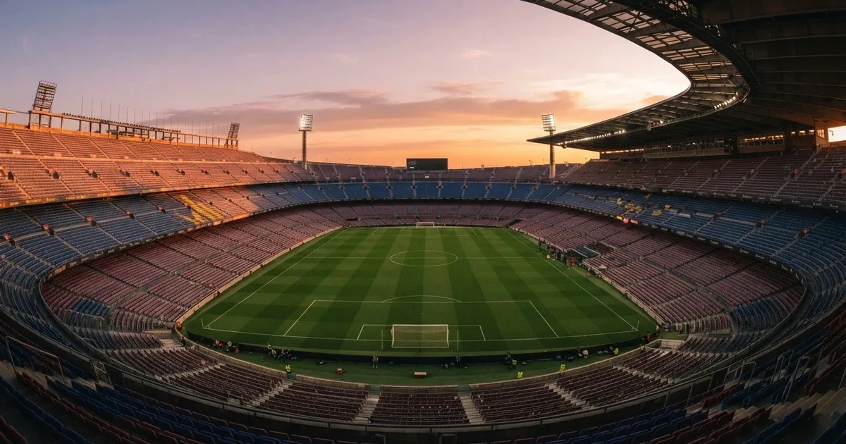 Un estadio de fútbol vacío con torres de iluminación al atardecer
