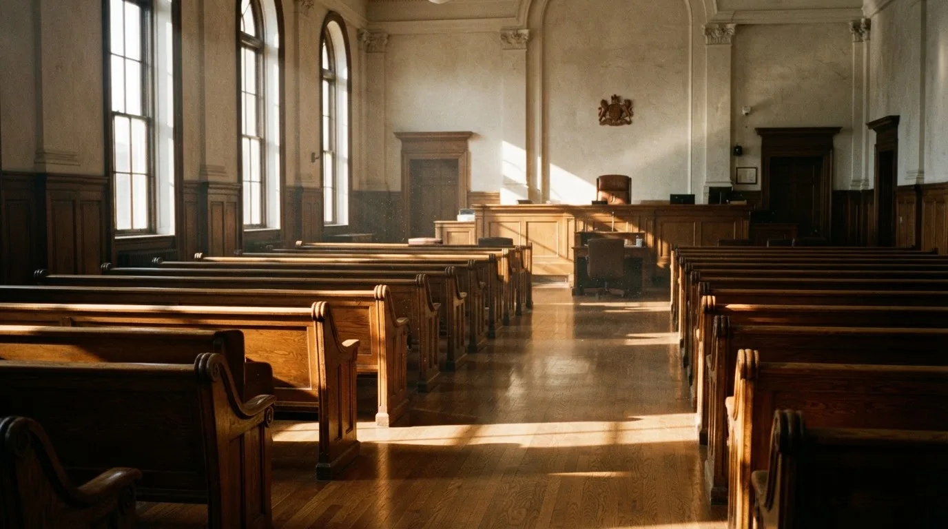 Una sala de tribunal vacía con bancos de madera a la luz de la mañana