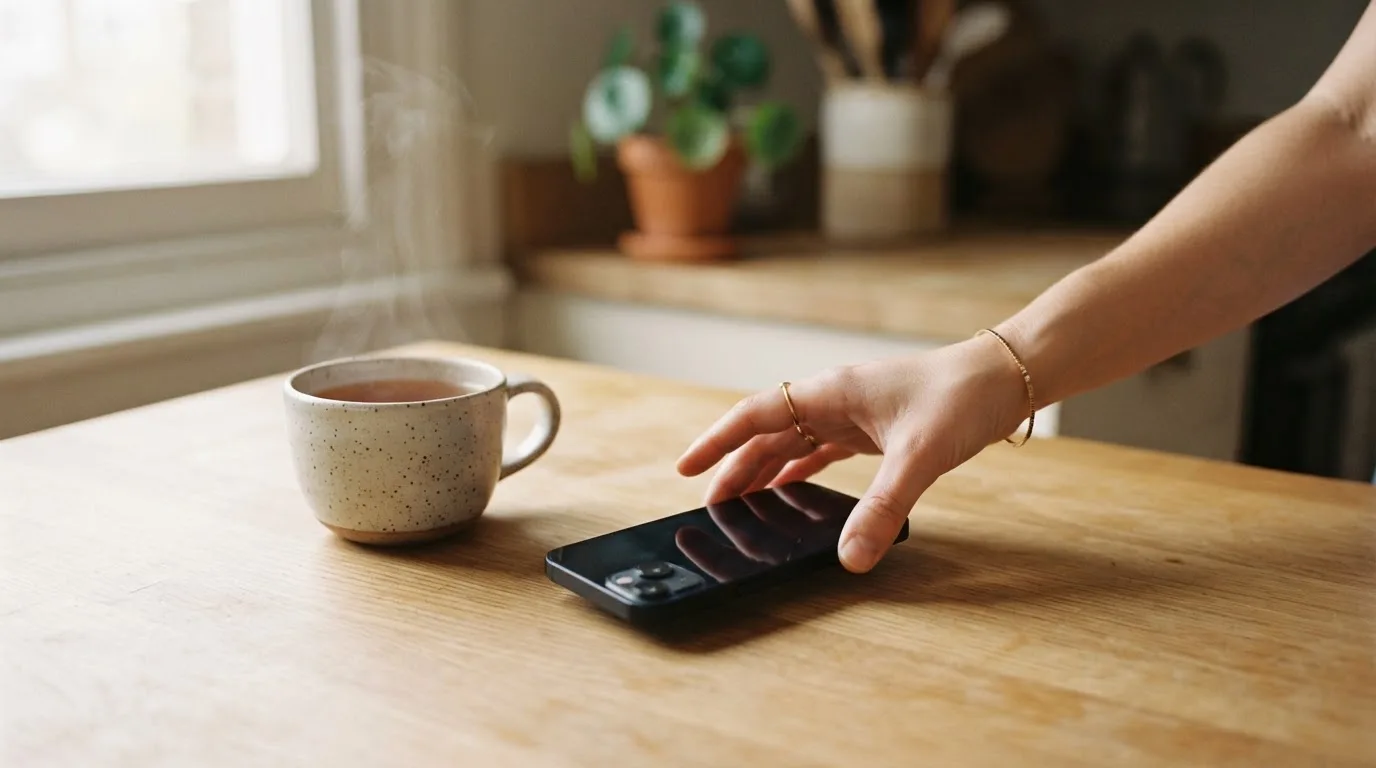 Una mano deja un móvil junto a una taza de té sobre la mesa de la cocina, una tarde tranquila