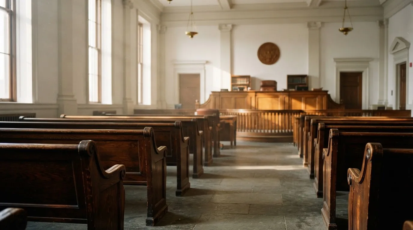Una sala de tribunal vacía con bancos de madera a la luz de la mañana