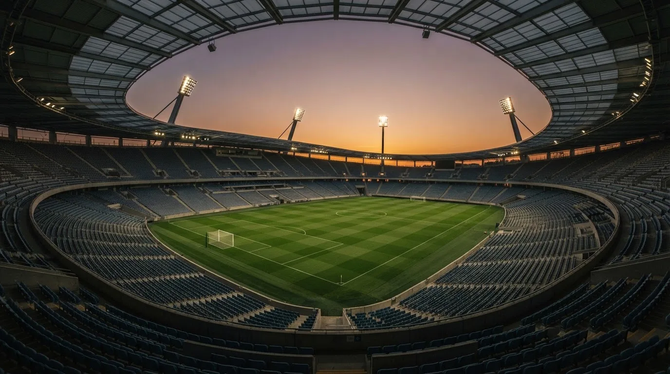 Un estadio de fútbol vacío con torres de iluminación al atardecer
