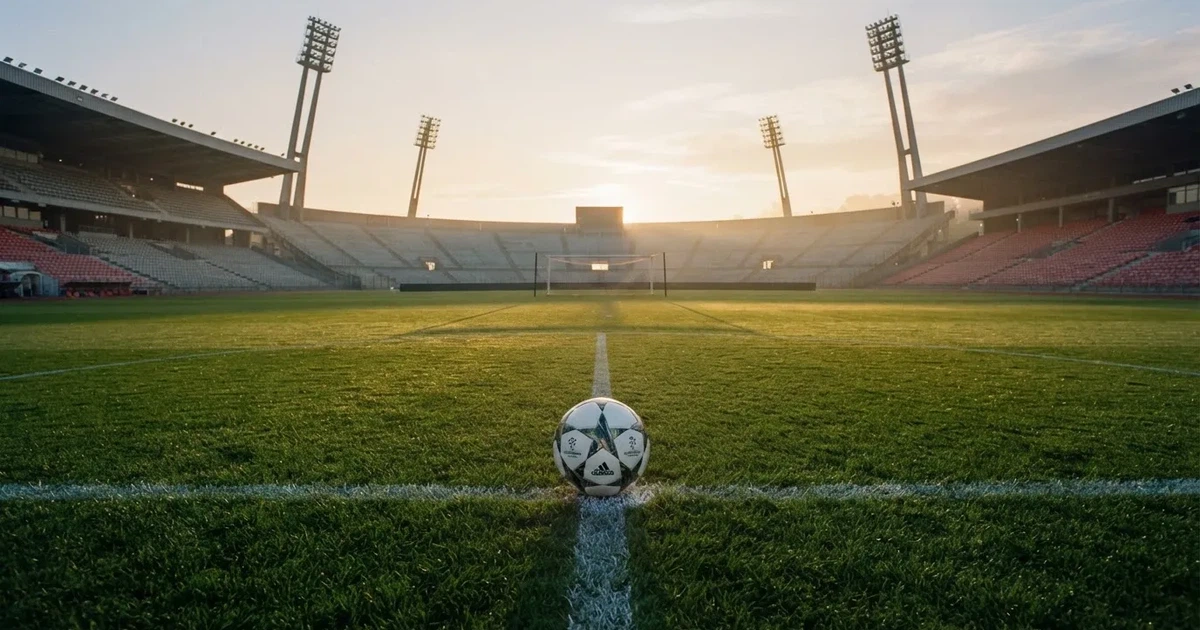 Un balón en el punto central de un campo de césped a la luz de la mañana