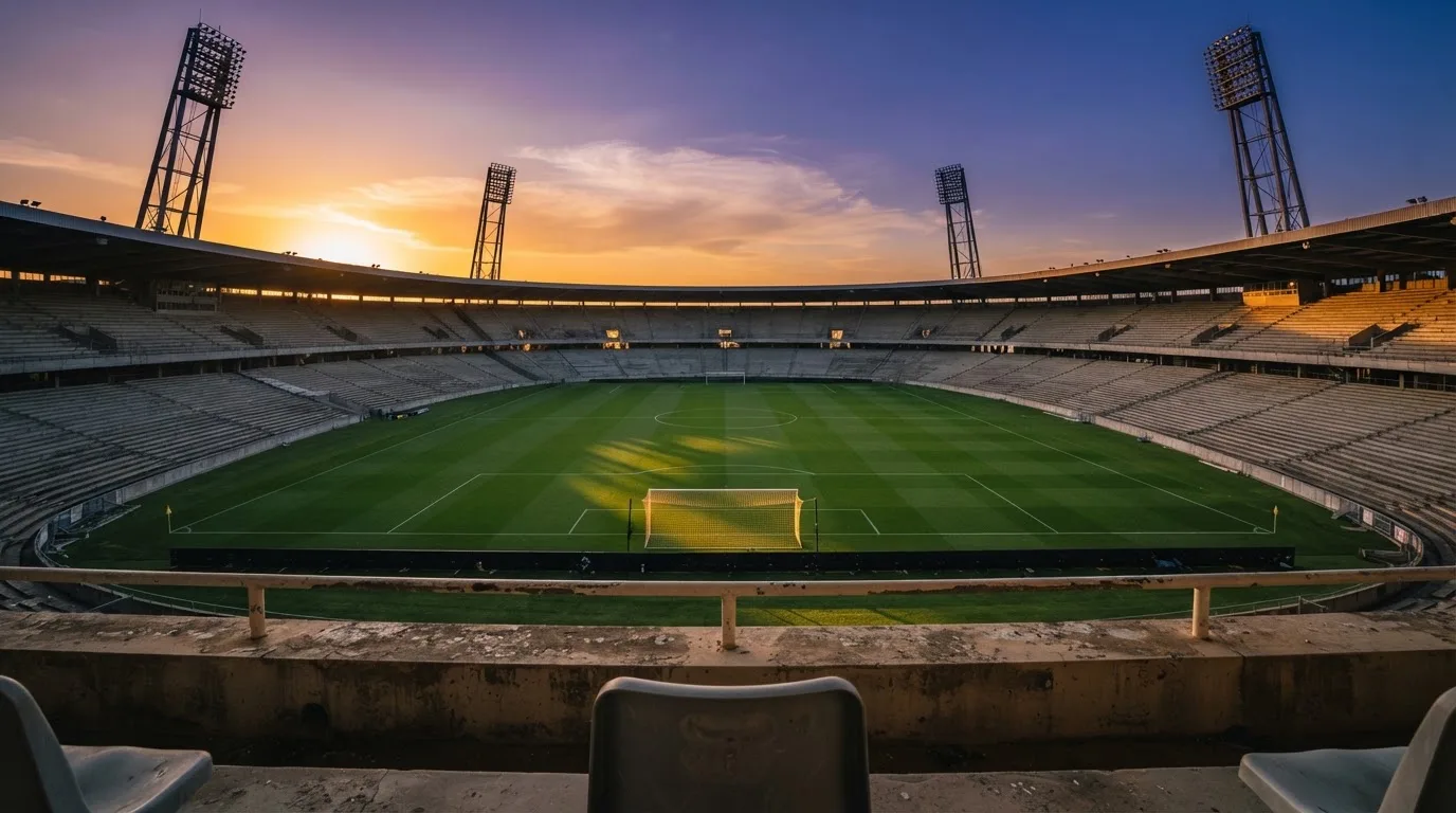 Un estadio de fútbol vacío con torres de iluminación al atardecer