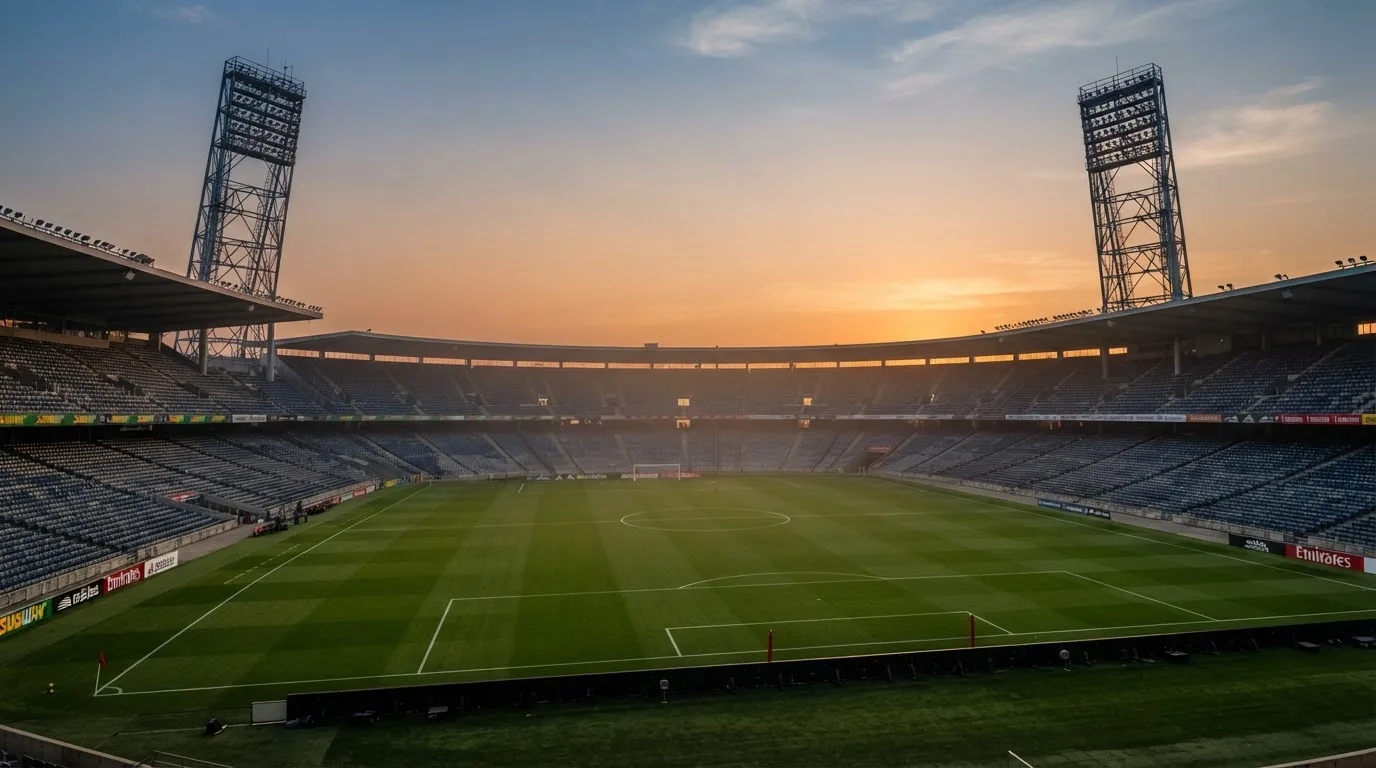 Un estadio de fútbol vacío con torres de iluminación al atardecer