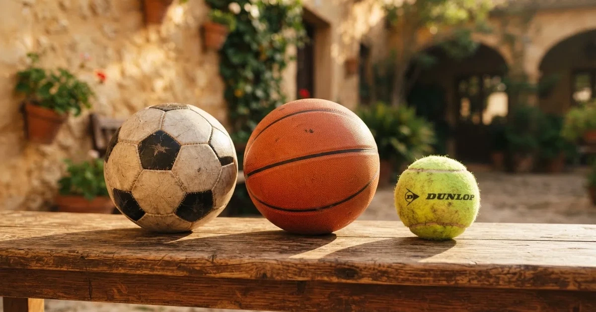 Tres balones de distintos tipos, uno junto a otro, sobre un banco de madera