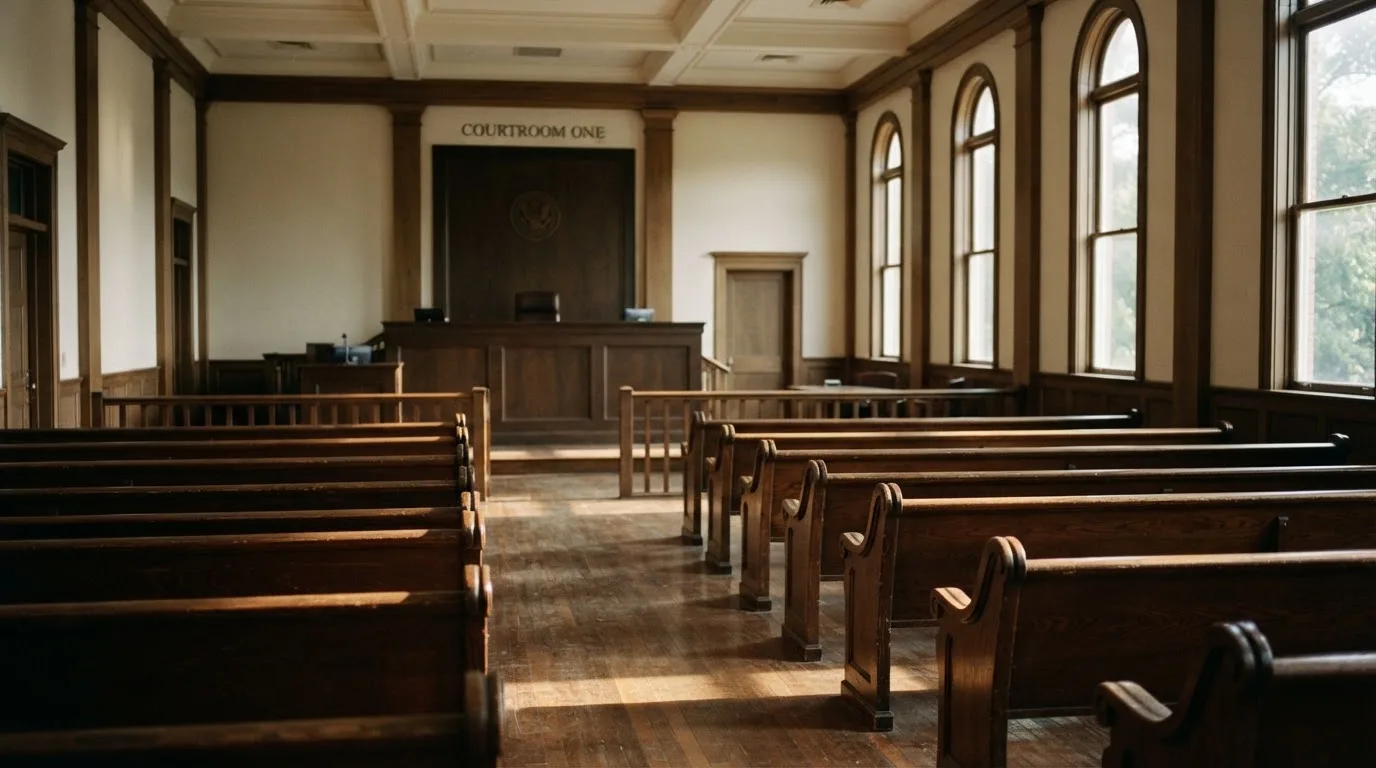 Una sala de tribunal vacía con bancos de madera a la luz de la mañana