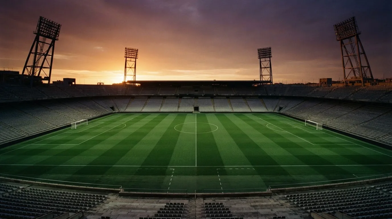 Un estadio de fútbol vacío con torres de iluminación al atardecer