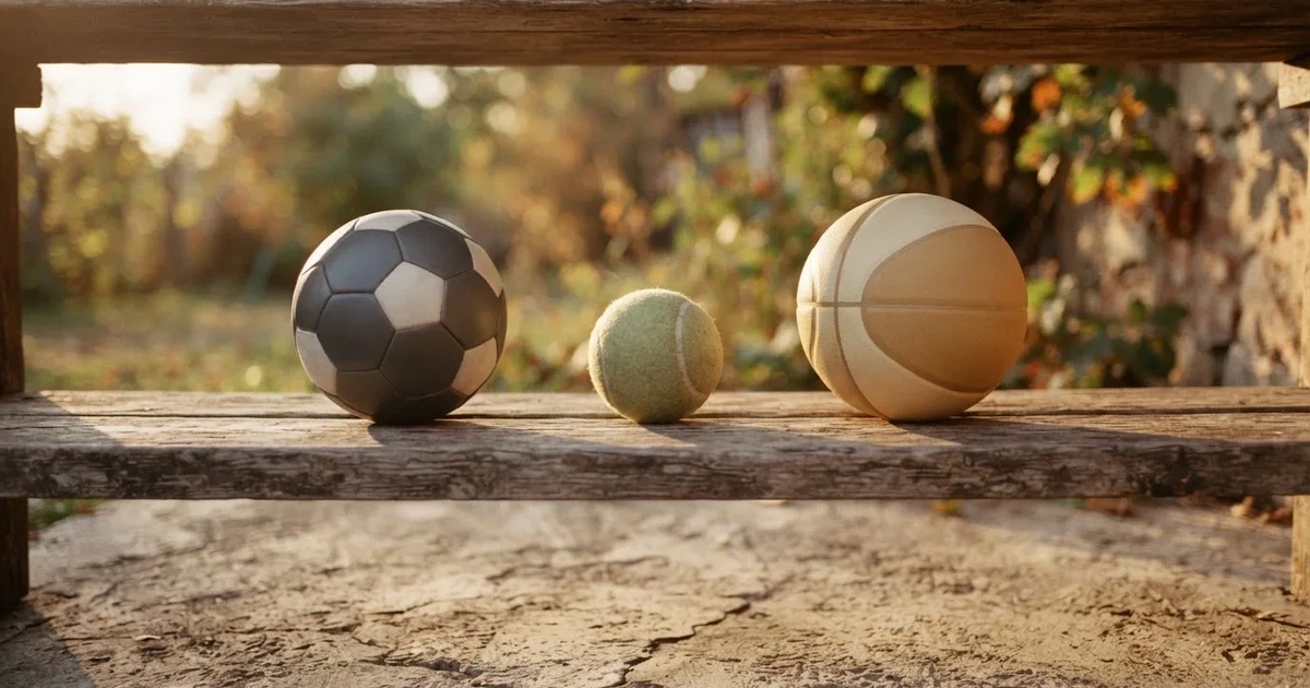 Tres balones de distintos tipos, uno junto a otro, sobre un banco de madera