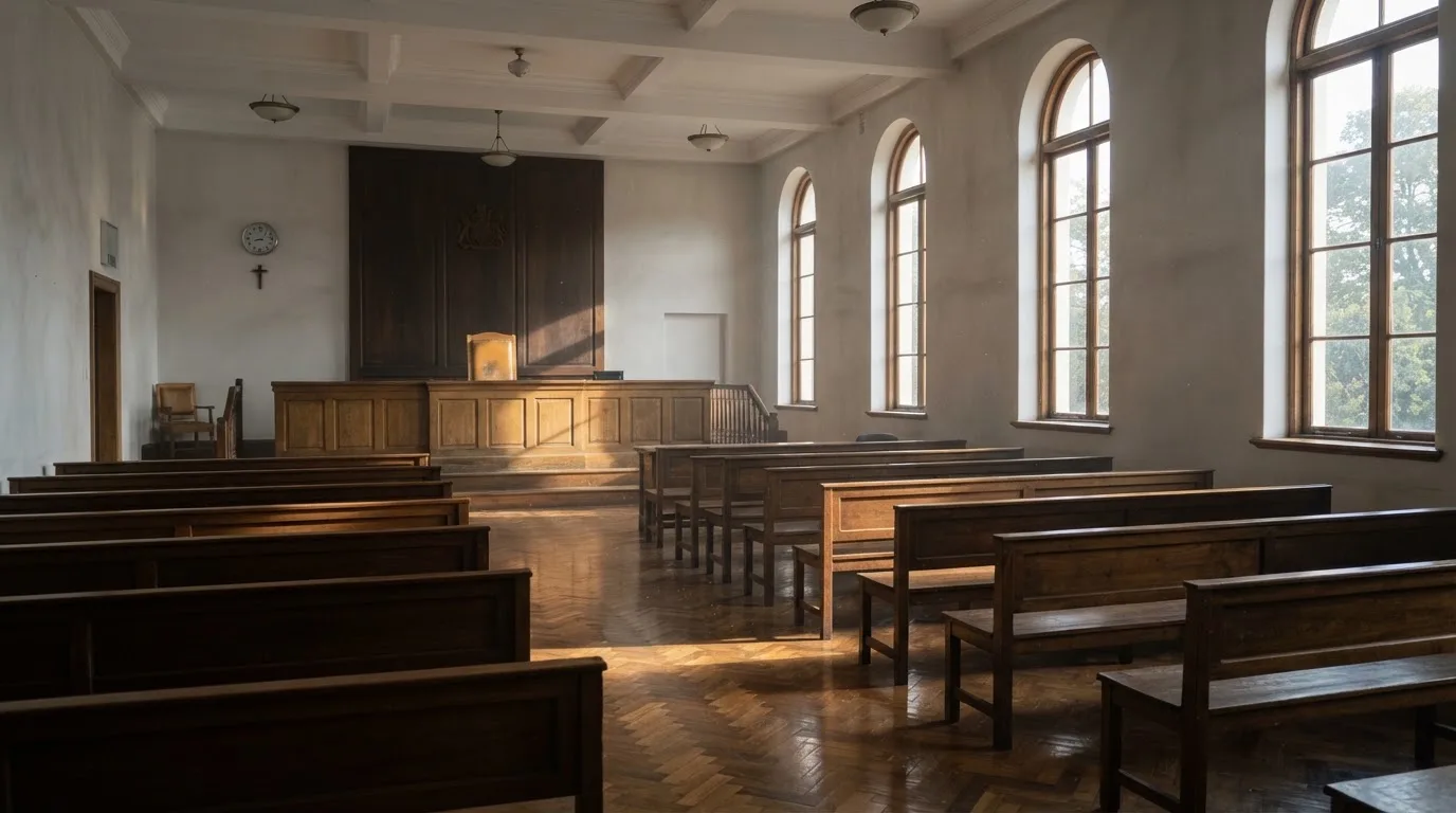 Una sala de tribunal vacía con bancos de madera a la luz de la mañana