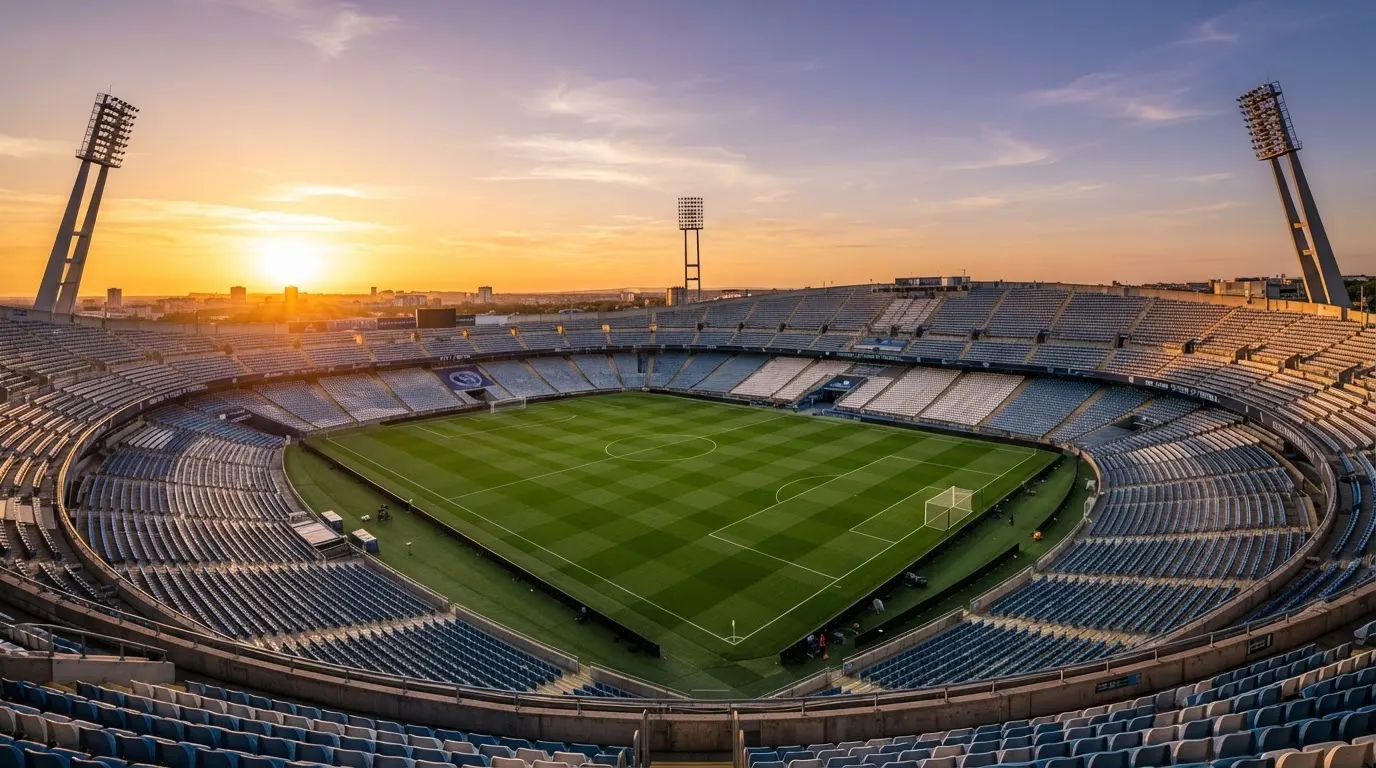 Un estadio de fútbol vacío con torres de iluminación al atardecer