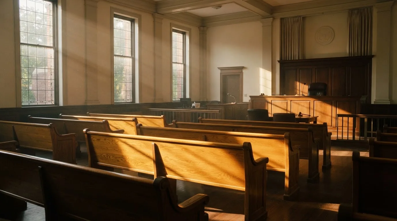 Una sala de tribunal vacía con bancos de madera a la luz de la mañana