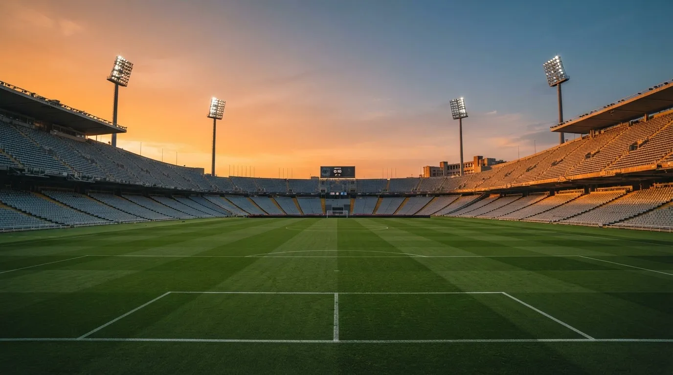 Un estadio de fútbol vacío con torres de iluminación al atardecer