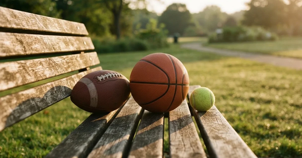 Tres balones de distintos tipos, uno junto a otro, sobre un banco de madera