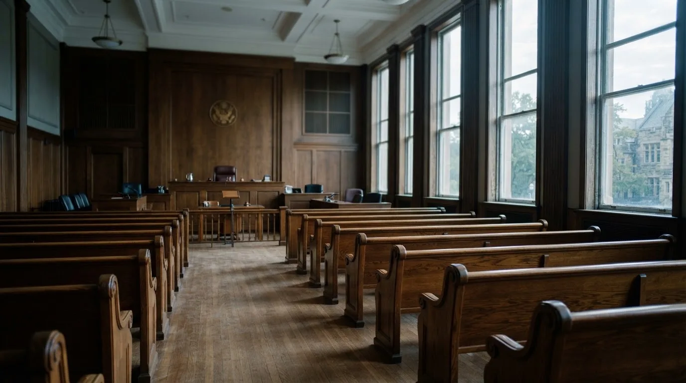 Una sala de tribunal vacía con bancos de madera a la luz de la mañana
