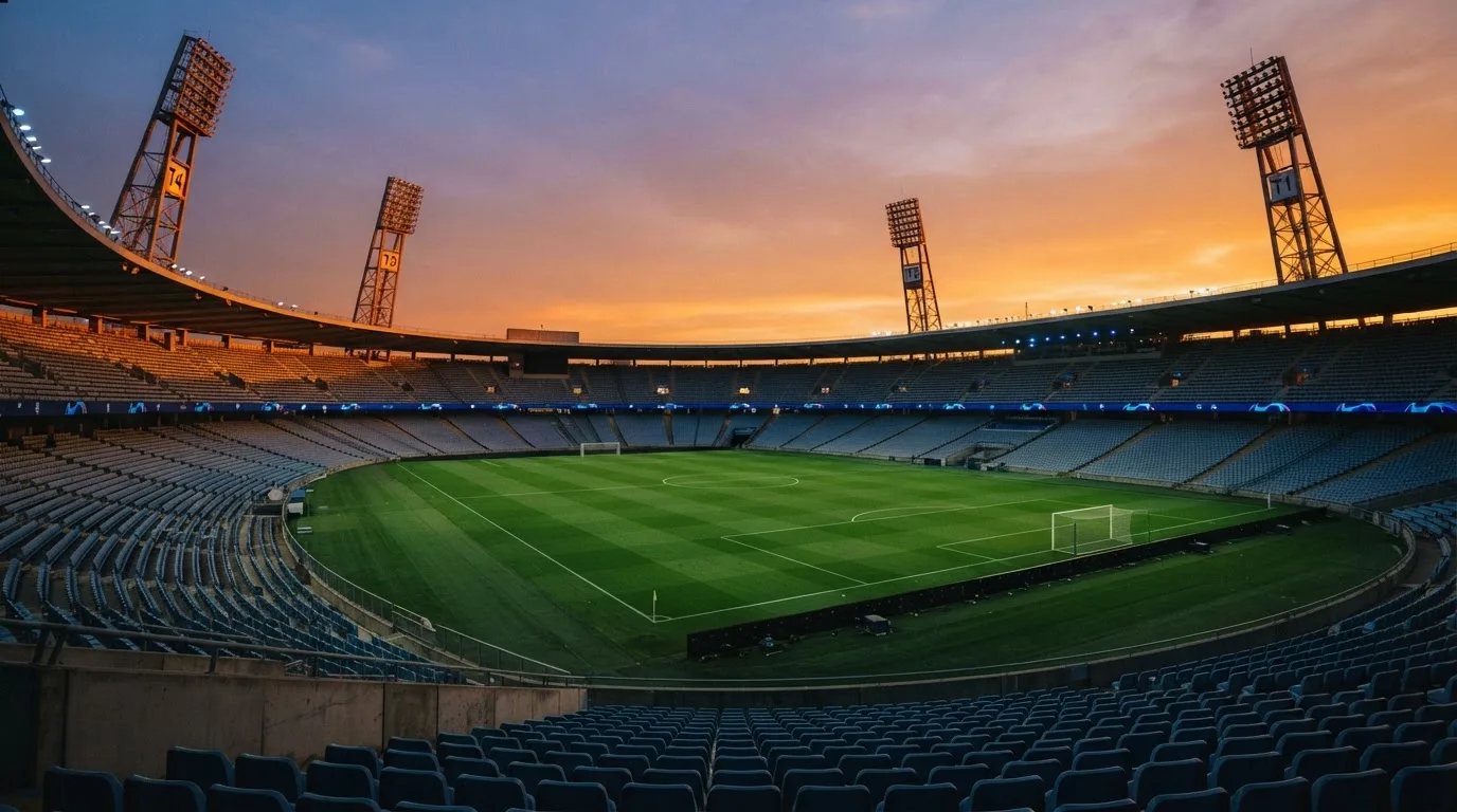 Un estadio de fútbol vacío con torres de iluminación al atardecer