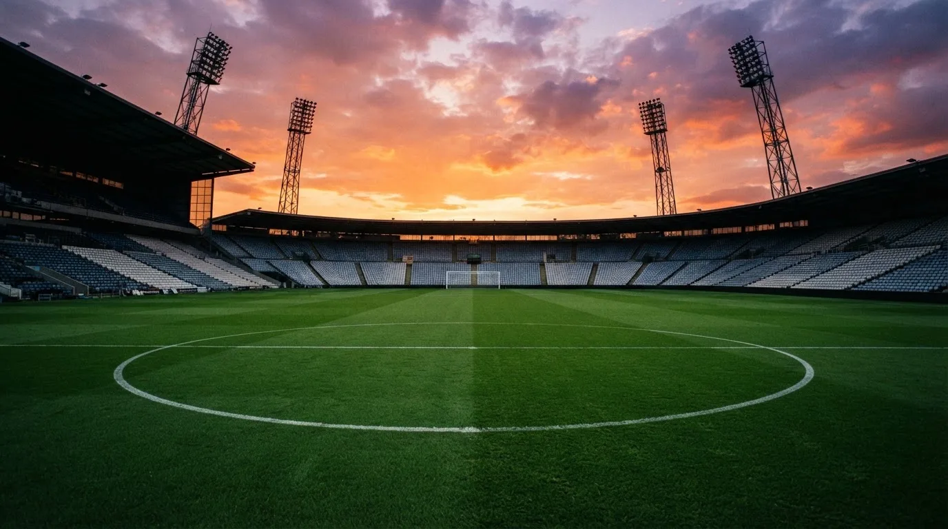 Un estadio de fútbol vacío con torres de iluminación al atardecer