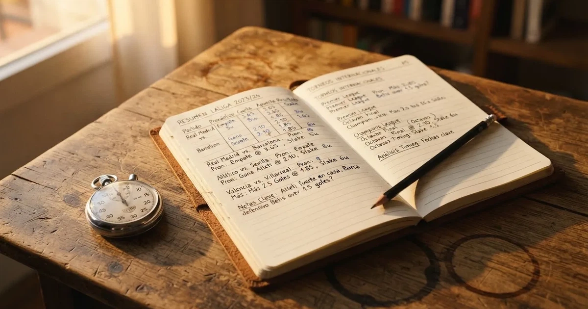 Un cuaderno abierto con un lápiz y un cronómetro sobre una mesa de madera