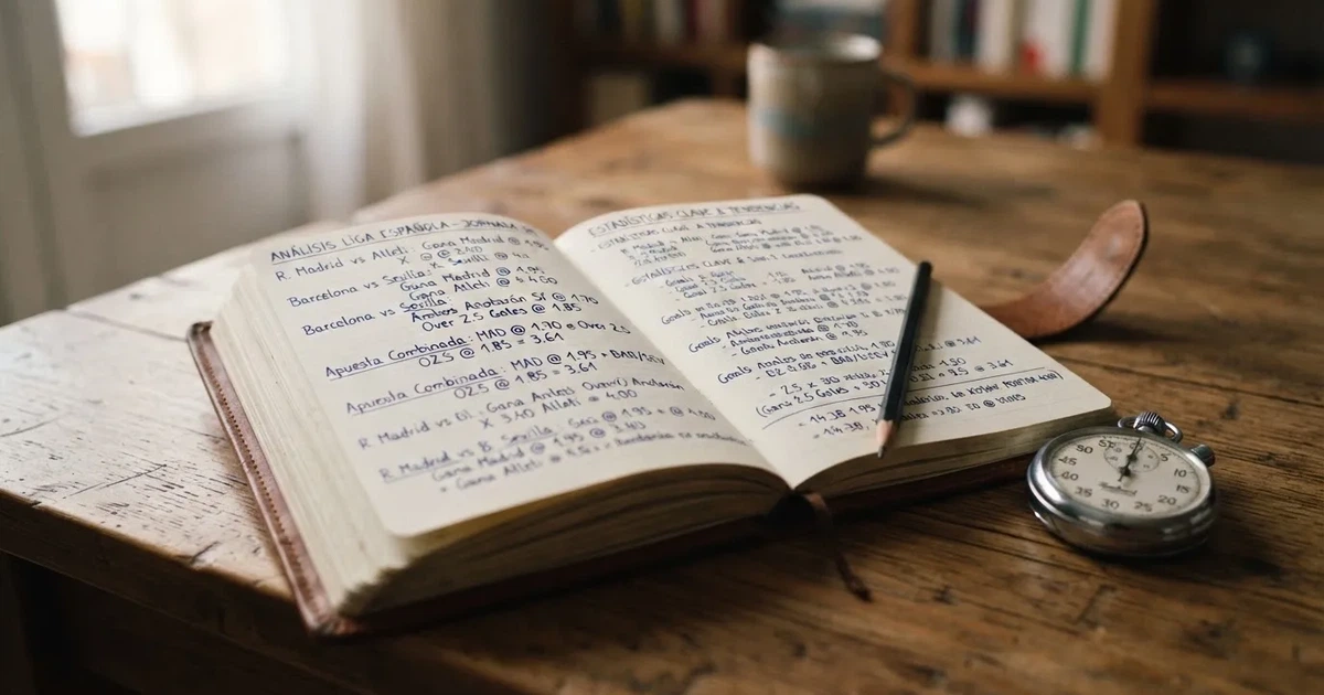 Un cuaderno abierto con un lápiz y un cronómetro sobre una mesa de madera