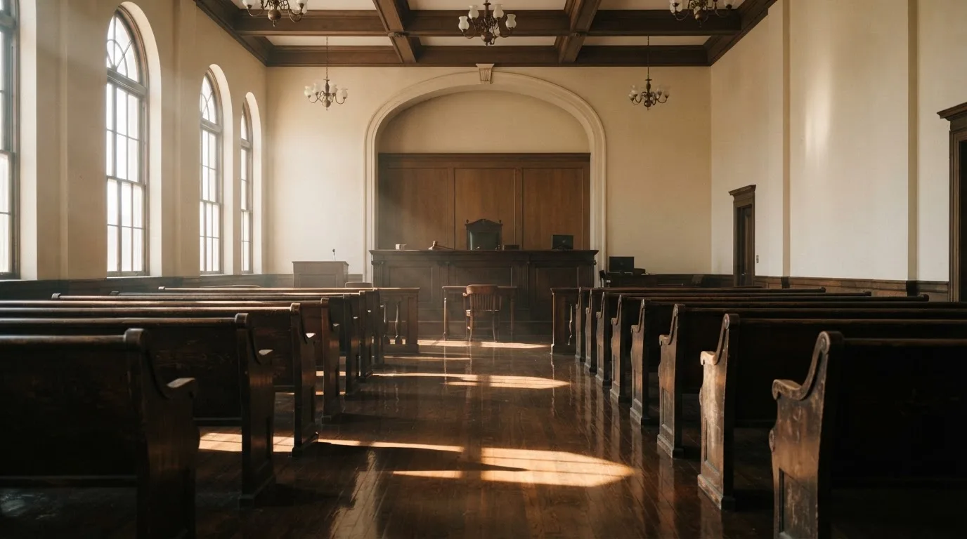 Una sala de tribunal vacía con bancos de madera a la luz de la mañana