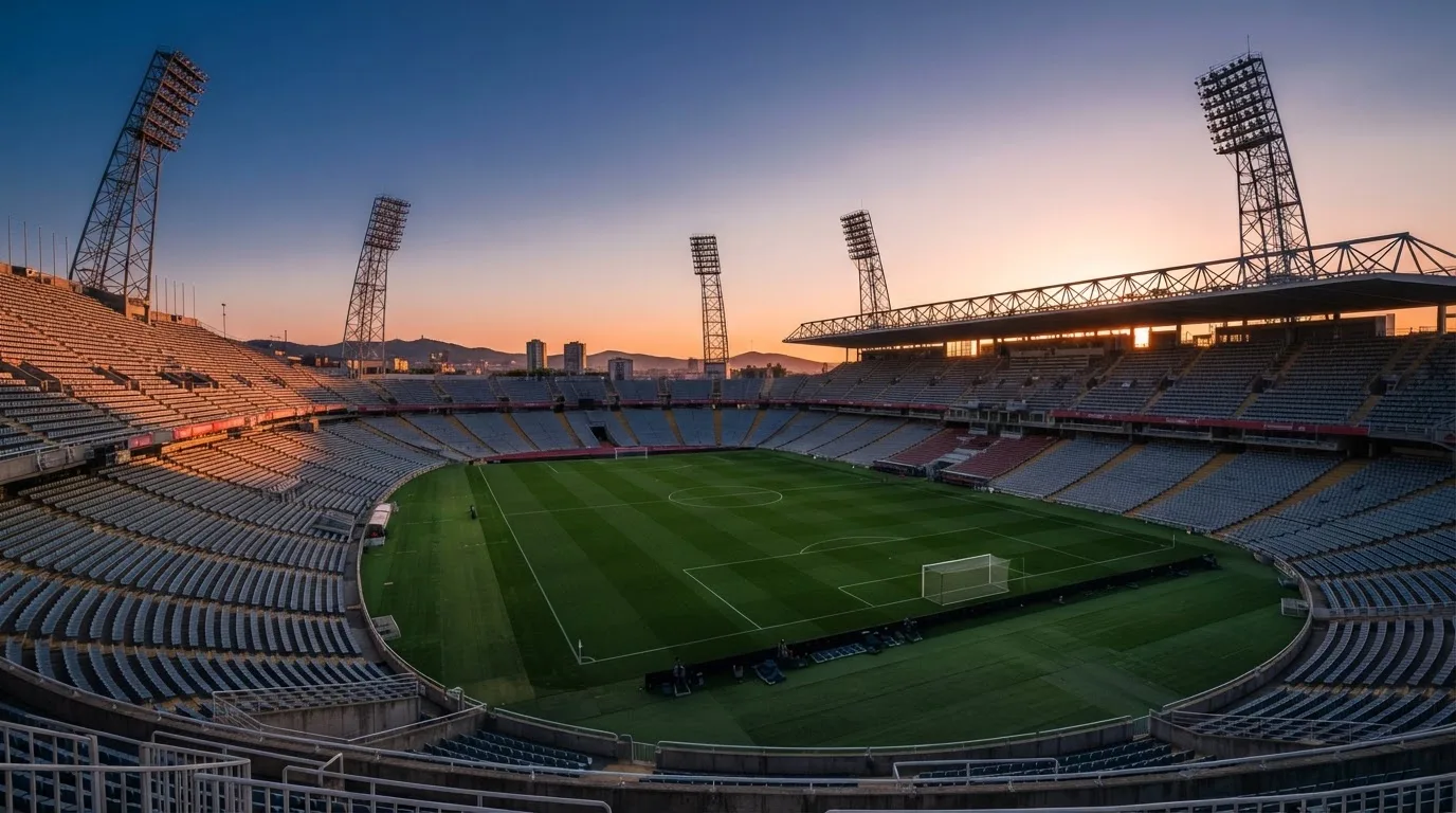 Un estadio de fútbol vacío con torres de iluminación al atardecer