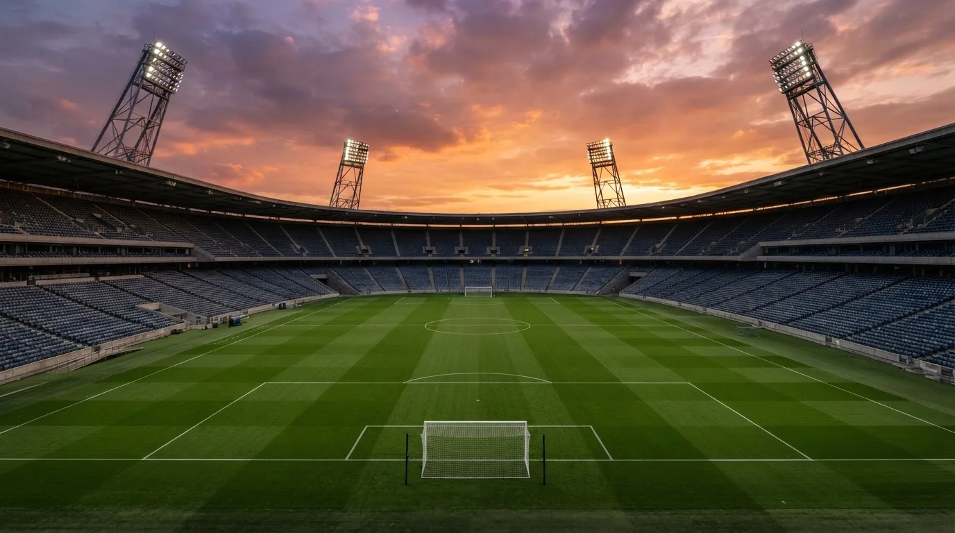 Un estadio de fútbol vacío con torres de iluminación al atardecer